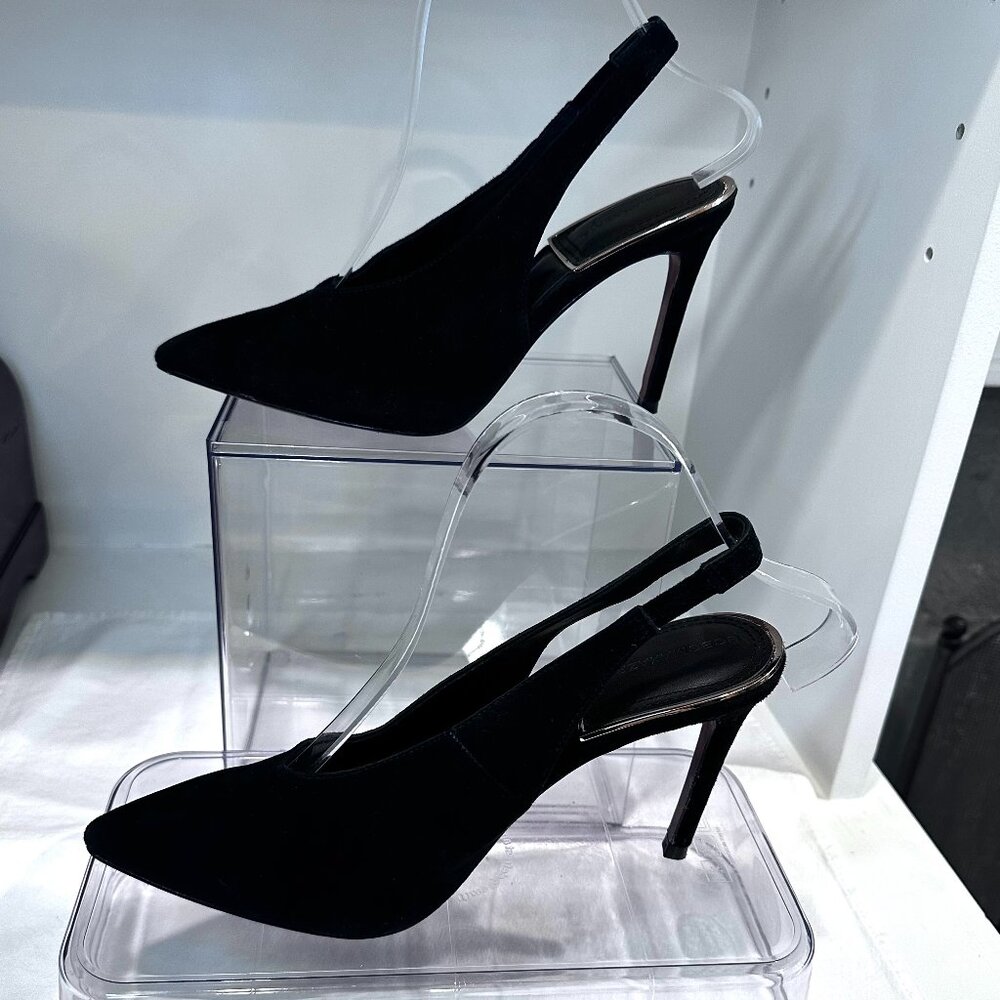 New BCBG MaxAzria Black Suede Sling Back Heels, Size 8.5